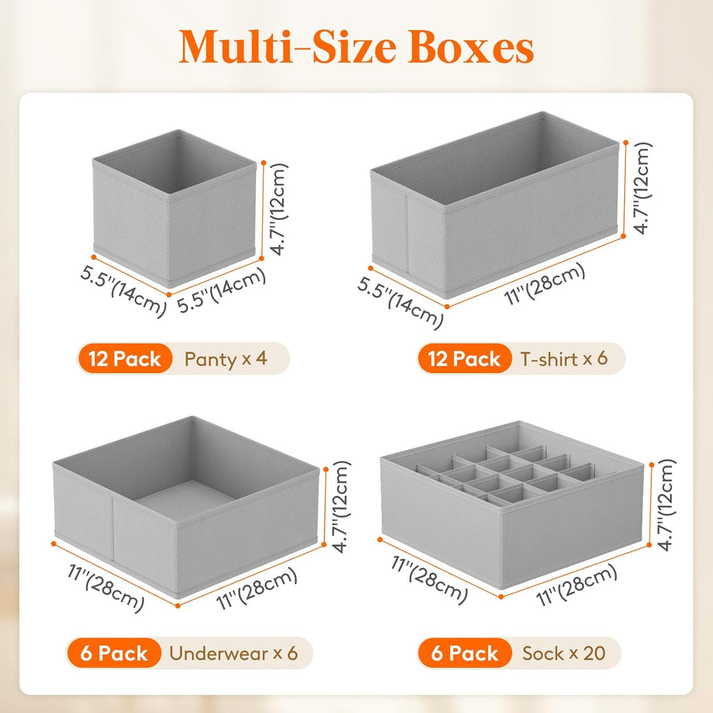 Lifewit Underwear Drawer Organizer for Closet 36 Pack, 3 Sizes Dresser Organizer Dividers, Deep Fabric Foldable Drawer Storage Organizer Bins for Clothes/Sock/Bra, Light Grey