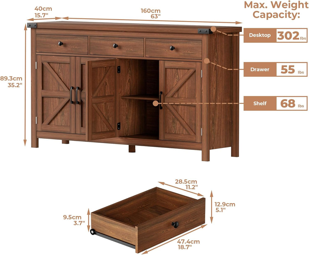 VVFLU 63" Sideboard Buffet Cabinet with Storage, Coffee Bar with 3 Drawe...