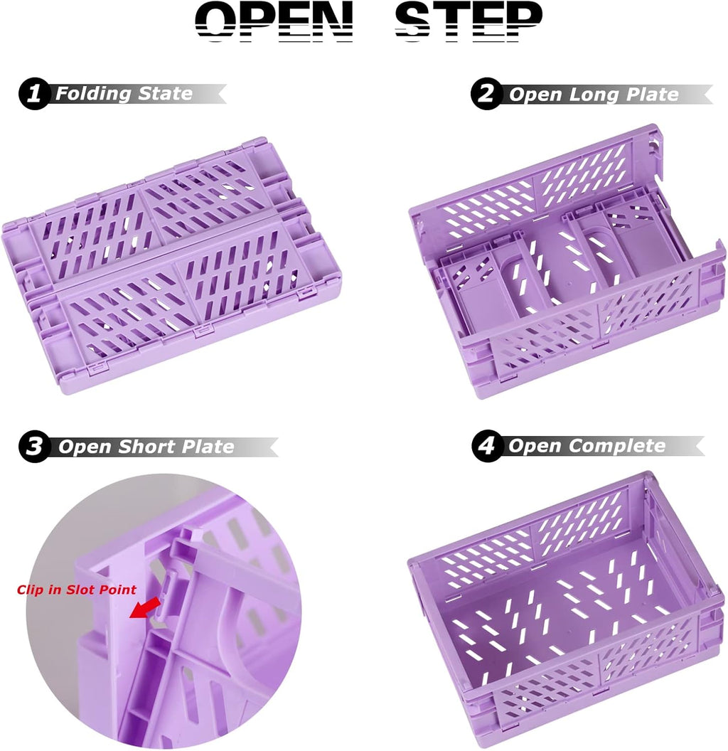 Tixill 2-Pack Mini Foldable Plastic Baskets for Organizing and Storage, Collapsible Storage Crate for Home Kitchen Bedroom Bathroom Office (9.8x6.5x3.8, Purple)