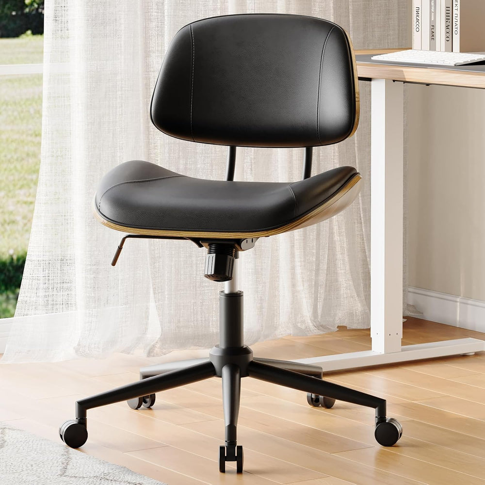 Armless Office Chair with Wheels, PU Leather Desk Chair, Black | Adjustable H...