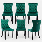 Velvet Upholstered Dining Chairs Set of 6, Modern Style Kitchen Side Chairs with Nailhead Trim and Wood Legs,Metal Pulling Ring for Dining Room Living Room(Green,Set of 6)