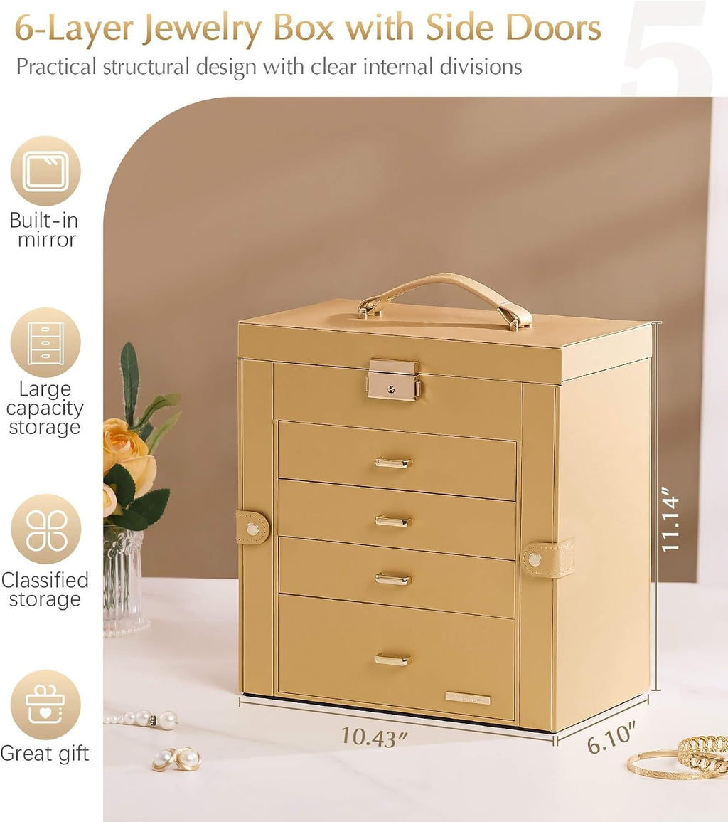 Homde Synthetic Leather Huge Jewelry Box Mirrored Watch Organizer Necklace Ring Earring Storage Lockable Gift Case (Gold)