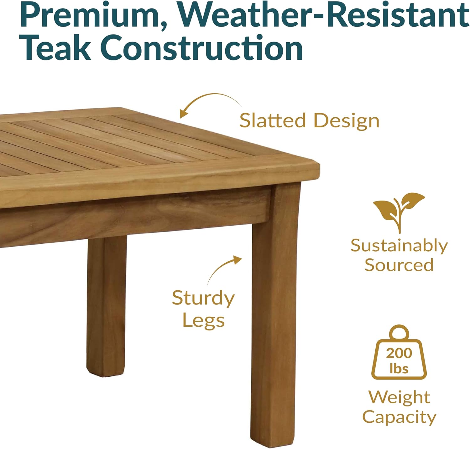 Sunnydaze Outdoor Patio Coffee Table, Solid Teak Wood, 45” W, Rectangular | Light Brown Wood Stain Finish, Slatted Wooden Outdoor Coffee Table, Comfortably Seats 4, Sturdy Teak Coffee Table for Outside
