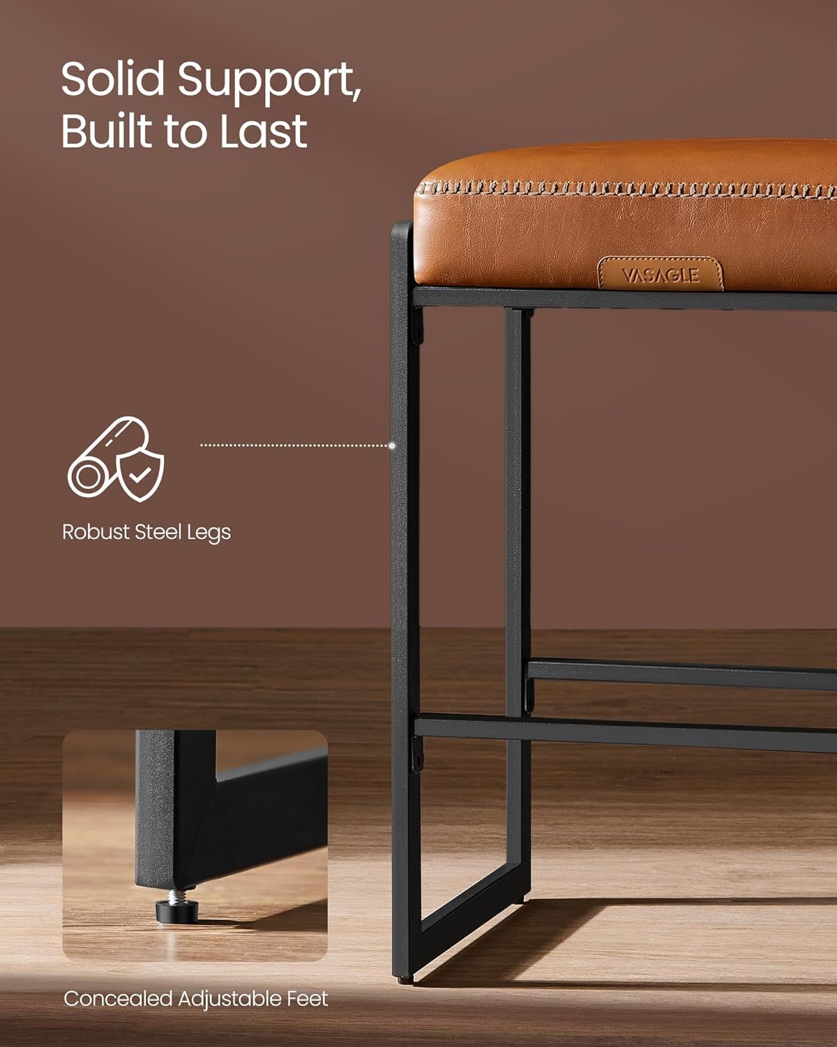 VASAGLE EKHO Collection - Bar Stools Set of 3, Counter Height Bar Stools, Synthetic Leather with Stitching, Mid-Century Modern Counter Stools, 26-Inch Tall, Kichen Home Bar Dining Room, Caramel Brown