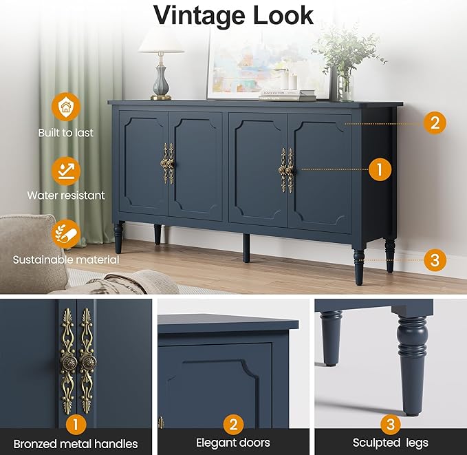 RoyalCraft Buffet Sideboard Table 2 pcs, 59'' Mid Century Modern Console Table, Media Cabinet with 4 Doors, Accent Cabinet Wood Sideboard, for Entryway, Living Room, Dining Room, Navy Blue