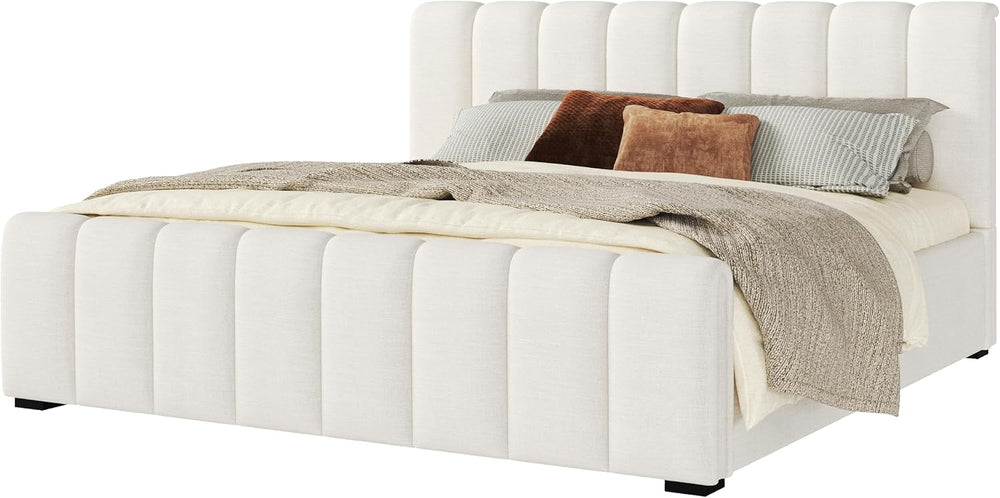 Merax King Upholstered Bed with Thick Headboard and Footboard, Beige
