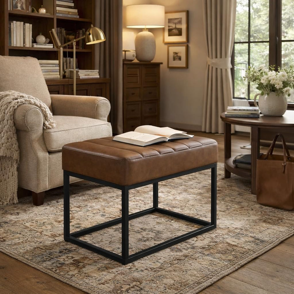HomePop 22" Theodore Channel Tufted Ottoman - Brown Faux Leather