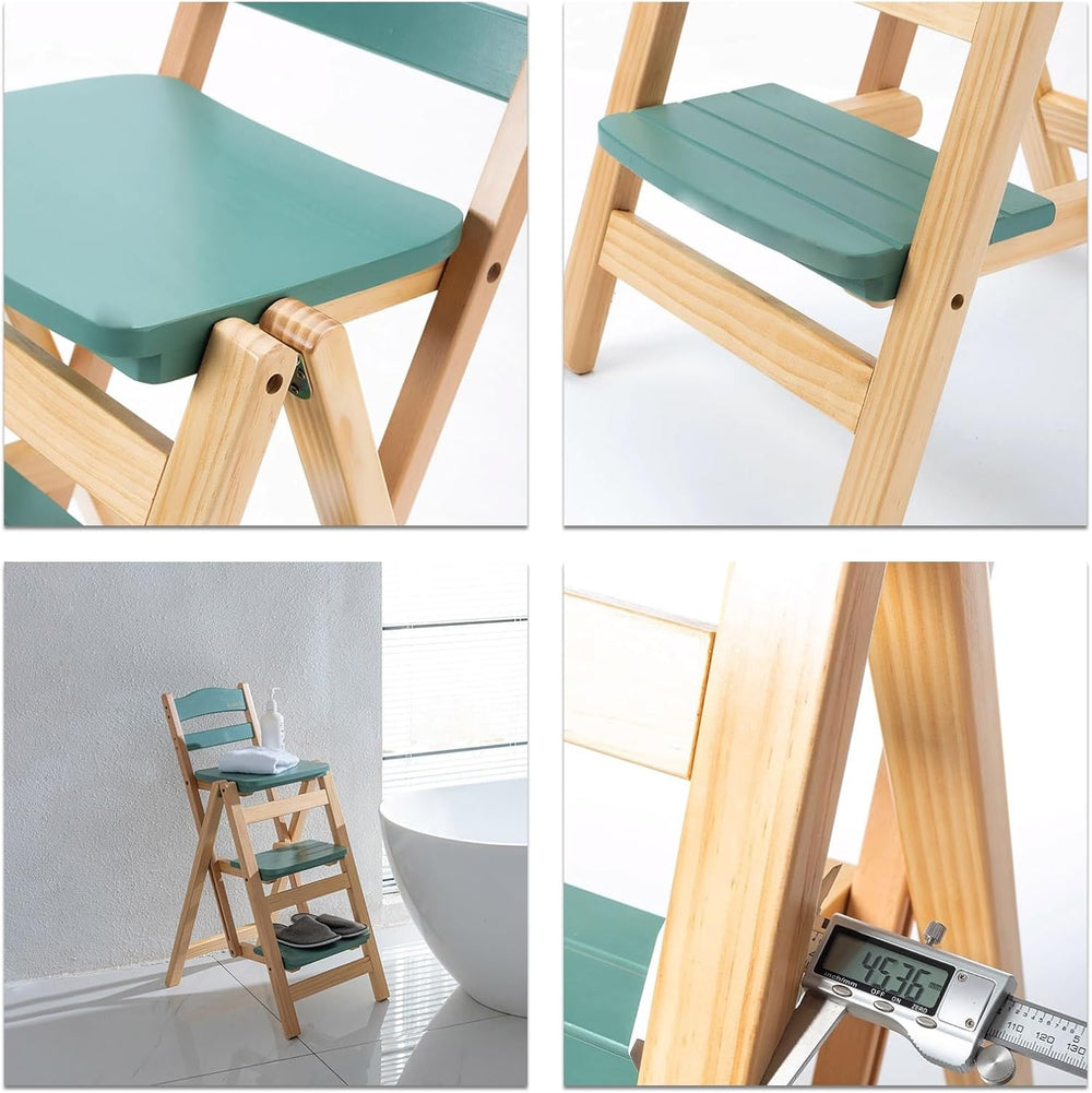 Solid Wood Folding Bar Stool Height Foldable Stool Tall Stool 3 Step Multifun...