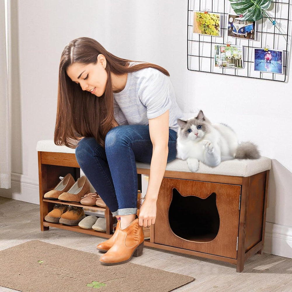 Shoe Bench with Cat Cabinet and Hidden Drawer, 2 Tier Entryway Bench with Sto...