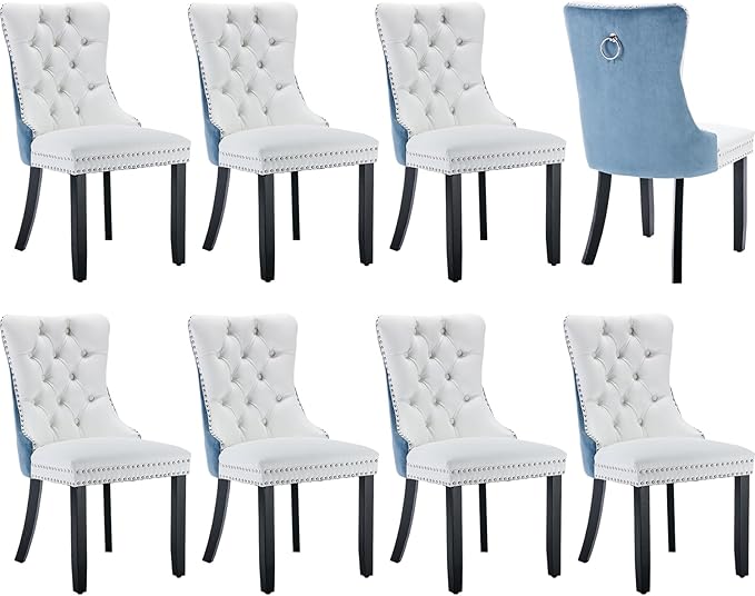 Modern Dining Chairs Set of 8, Tufted Upholstered Dining Chair with Solid Wood Legs, Velvet and Leather Dining Chairs, Sillas de Comedor, Comfy Kitchen Chair (White+Light Blue, 8Pcs)