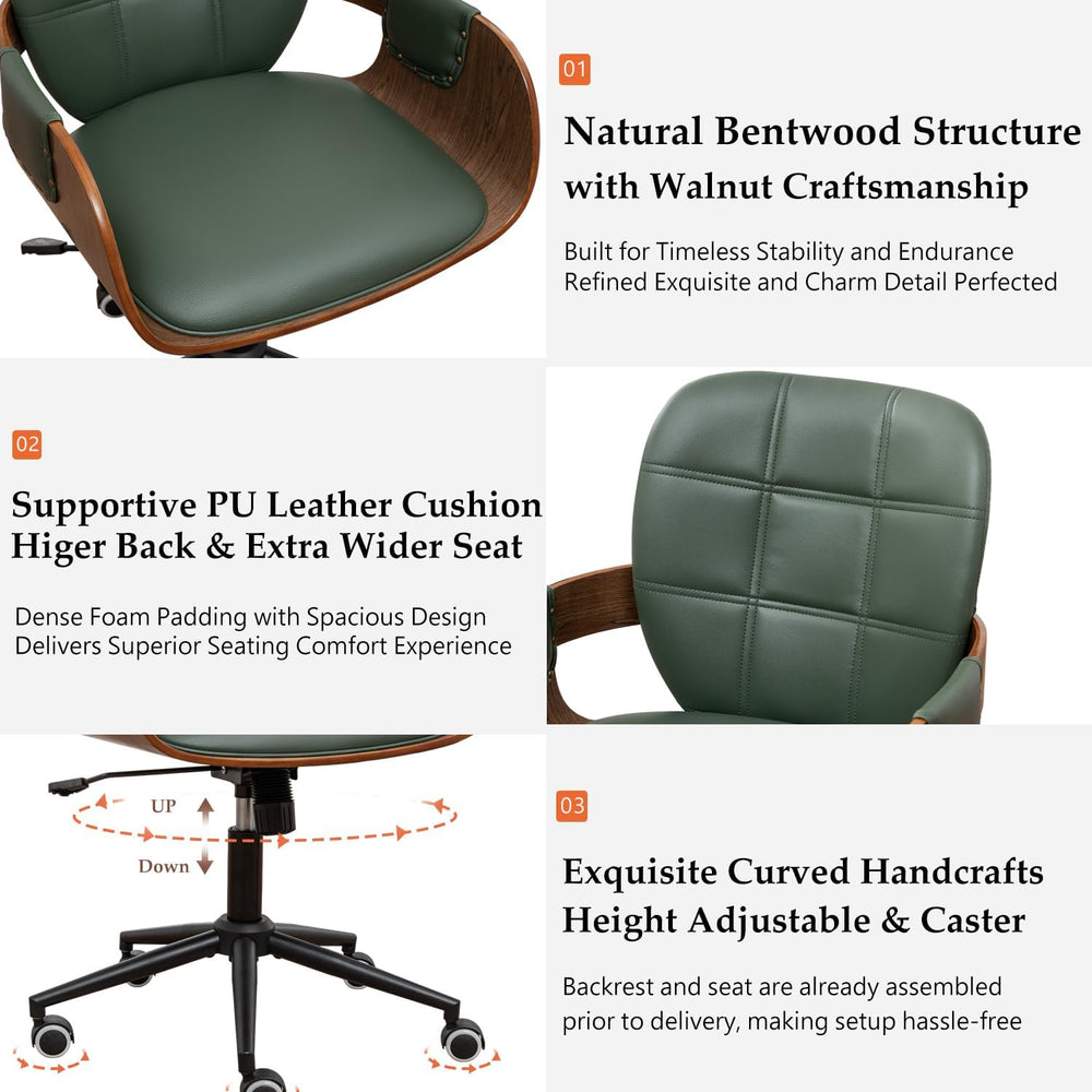 Mid Century Modern Desk Chair, Faux Leather Office Chair with Walnut Finish |...