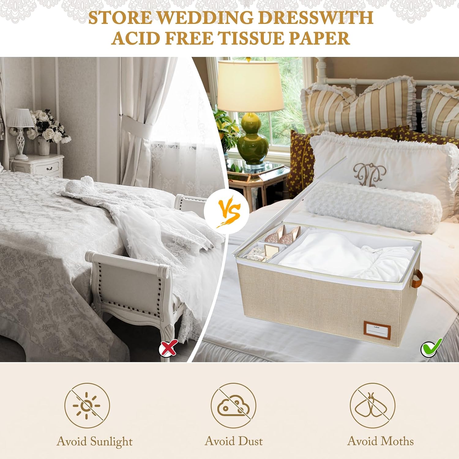 Lukeline Wedding Dress Storage Box, Wedding Dress Preservation Box with Divider, Foldable Organizer with 1 Pair of Microfiber Gloves and 20 Sheets of Acid-Free Paper for Gowns,Souvenirs