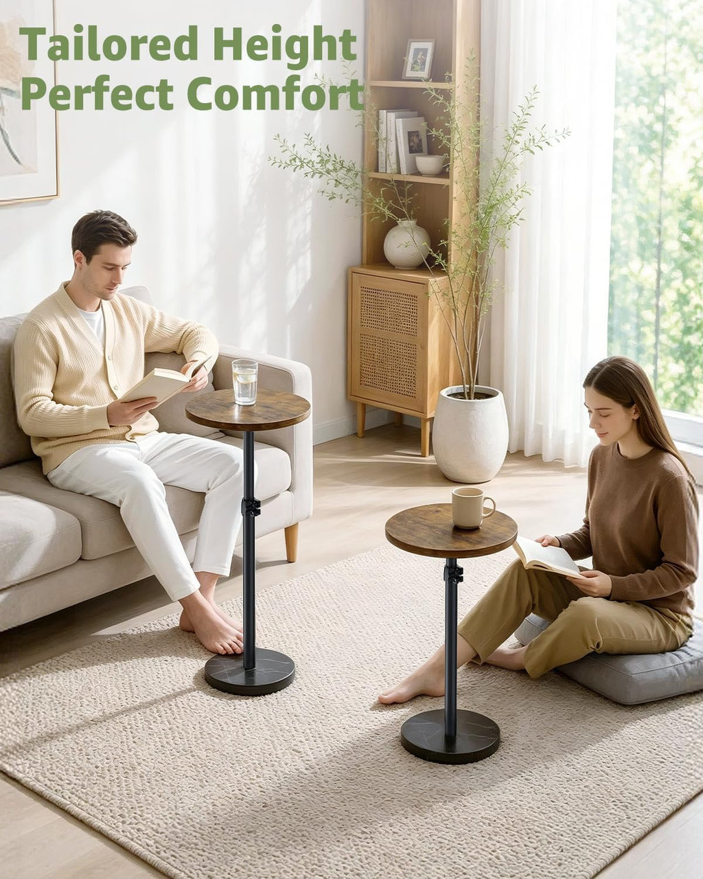 Adjustable Drink Table, Round Pedestal Side Table for Small Spaces | 9 lbs Marble Base, 18–31'' Height, Waterproof Coated, Brown & Black