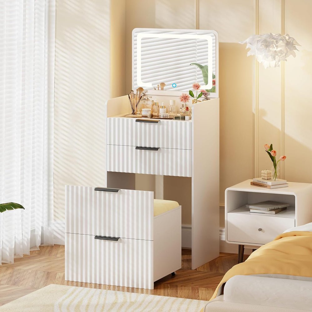 Small Vanity Desk with Mirror and Lights, 3-in-1 Compact Vanity Table | Chair...