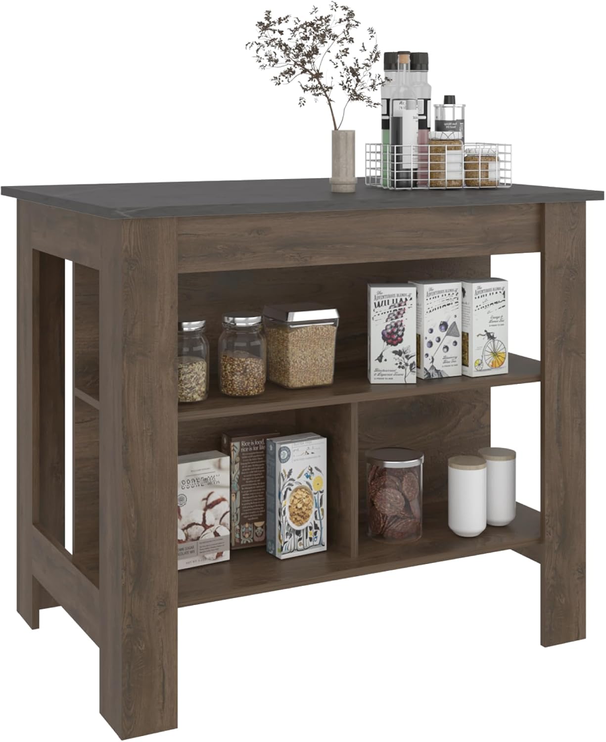 TUHOME Cala Kitchen Island with Storage and Seating, 35.4" Tall Workstation, 3 Open Shelves, Wide Tabletop, Four Sturdy Legs, Engineered Wood, Small Kitchen Island for Meal Prep