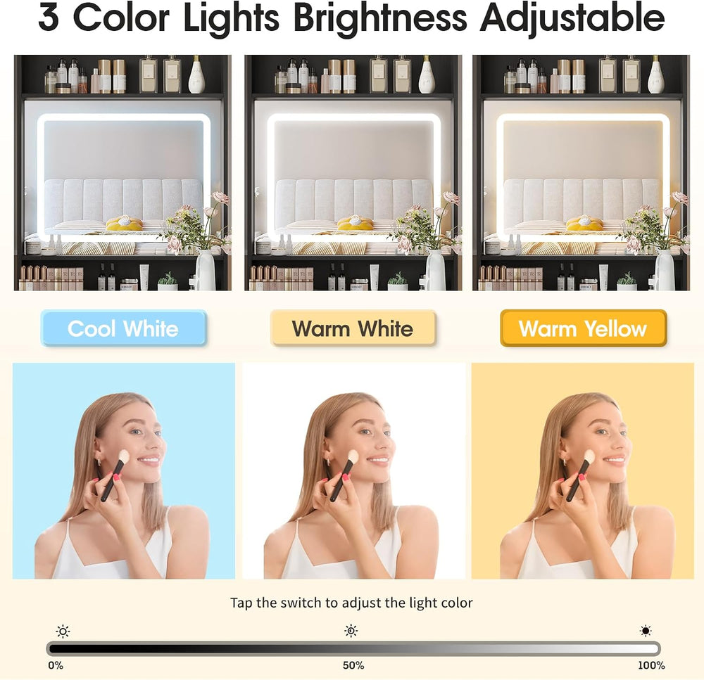 Make Up Vanity Desk with Mirror and Lights,Small Vanity With Storage Chair | ...