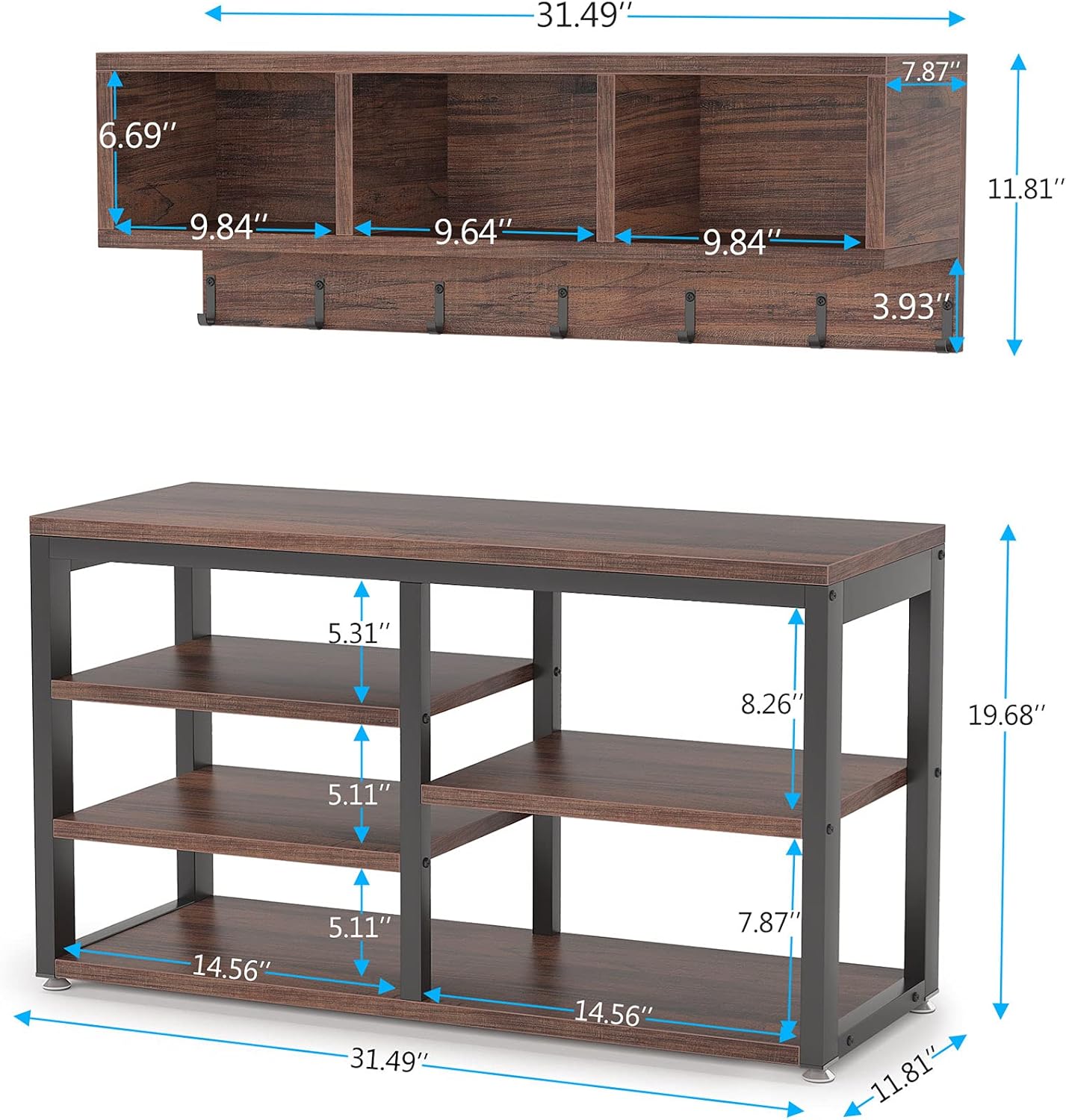 Tribesigns Industrial [Shoe] [Rack] [Bench] with Coat [Rack] Set with Hall Tree, 3 Storage Cubbies, 7 Hooks for Entryway, Hallway, 5-in-1Design, Rustic Brown