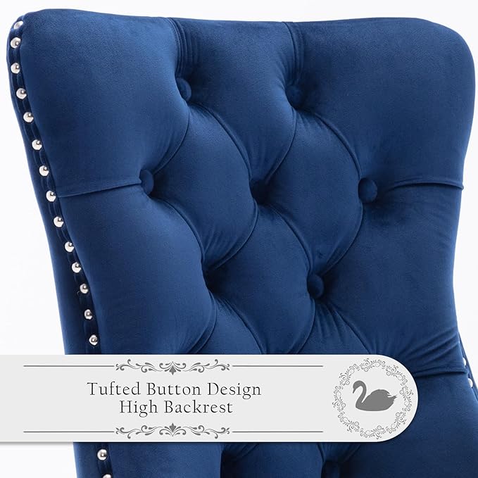 Velvet Upholstered Dining Chairs Set of 6, Modern Style Kitchen Side Chairs with Nailhead Trim and Wood Legs,Metal Pulling Ring for Dining Room Living Room(Blue,Set of 6)