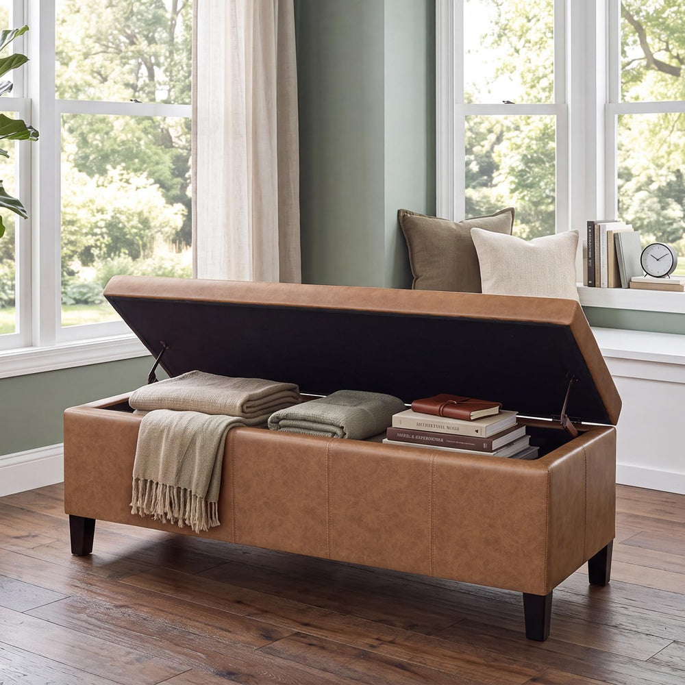 Faux Leather Storage Bench Ottoman, 50 Inch Upholstered Storage Bench with La...