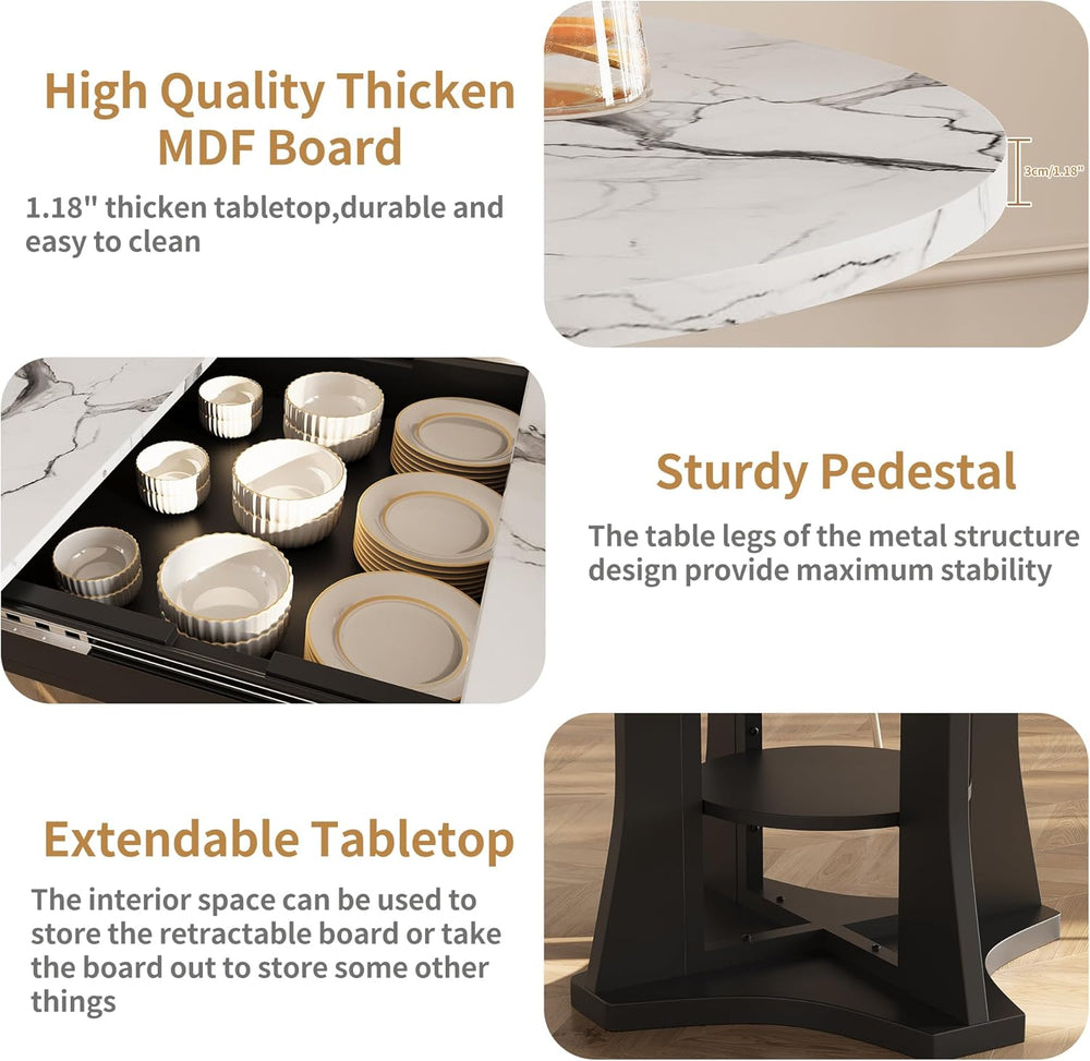 Extendable Dining Table 43"-59" for 4-6, White Faux Marble Round Ki...