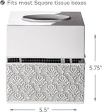 Creative Scents Mirror Damask Square Tissue Box Cover - Decorative Bathroom Tissues Paper Holder, Modern Napkins Container, Bottom Slider, for Cute Elegant Bathroom Decor (White & Gray)