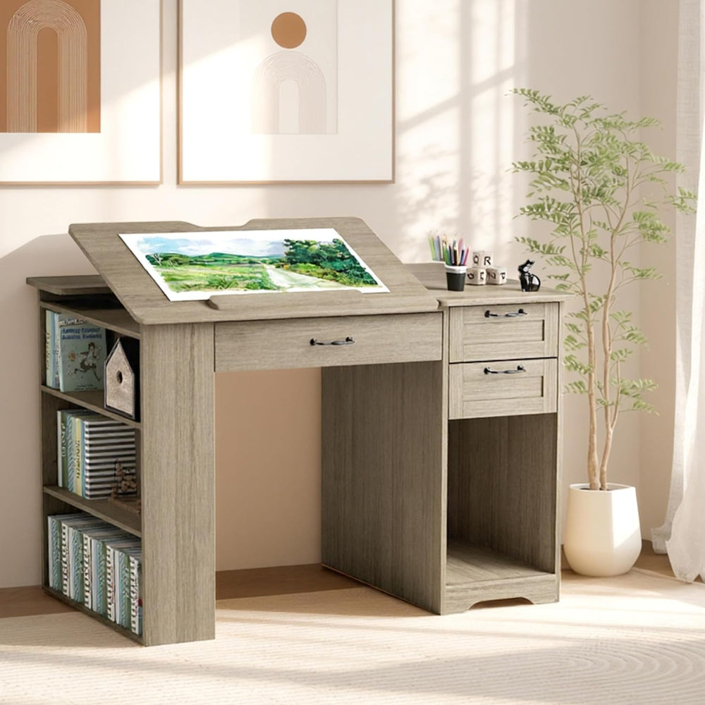 Drafting Table with Storage Cabinet & Drawers, Adjustable Drawing Desk wi...