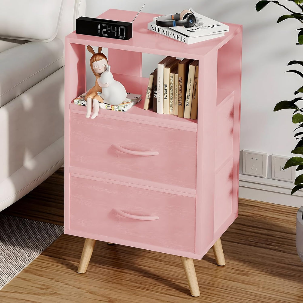 Aenuert Night Stand, Pink Nightstand with 2 Fabric Drawers, Wooden Side Table...