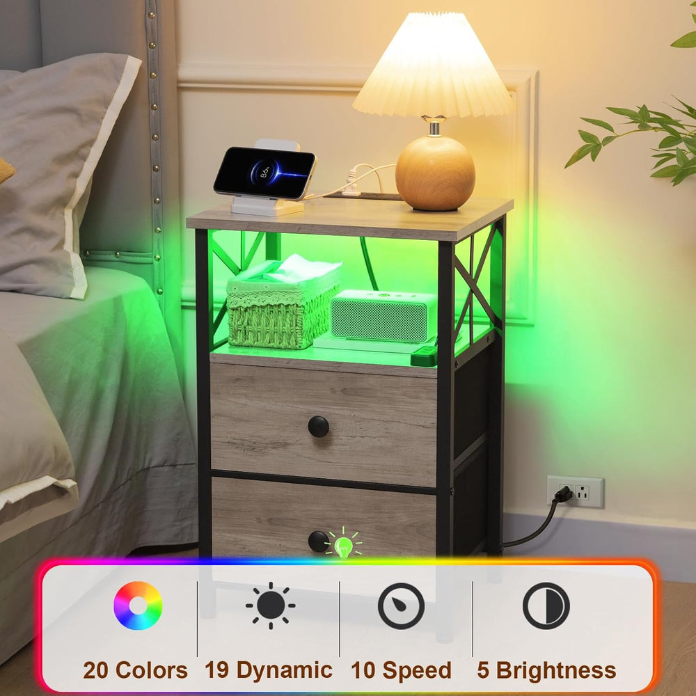 AMHANCIBLE Nightstands Set of 2 with Charging Station and LED Lights | Large ...
