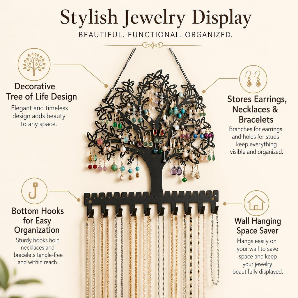 Jewelry Organizer Earring Holder Tree of Life Wall Mounted or Hanging Necklace and Bracelet Holder Metal Jewelry Display with Hooks for Studs Mother’s Day Gift for Women Mom Wife Daughter (Style1)