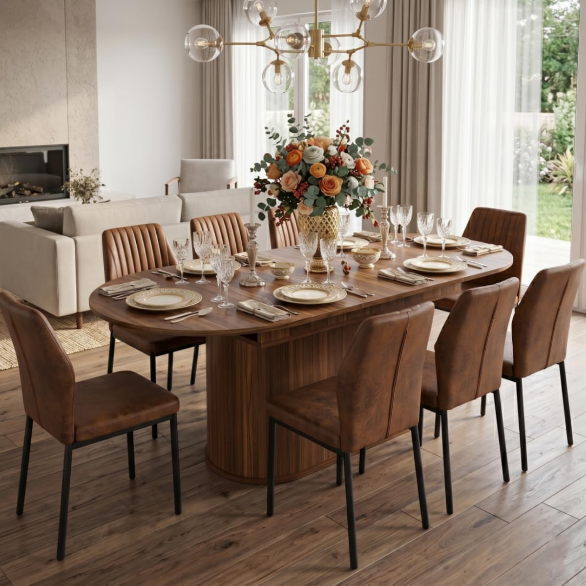 55"-71" Extendable Dining Table Set for 8, Oval Dining Room Table Set for 8, Modern Wood Kitchen Table Upholstered Chairs Set of 8, Ideal for Dining Room,Office, Space-Saving