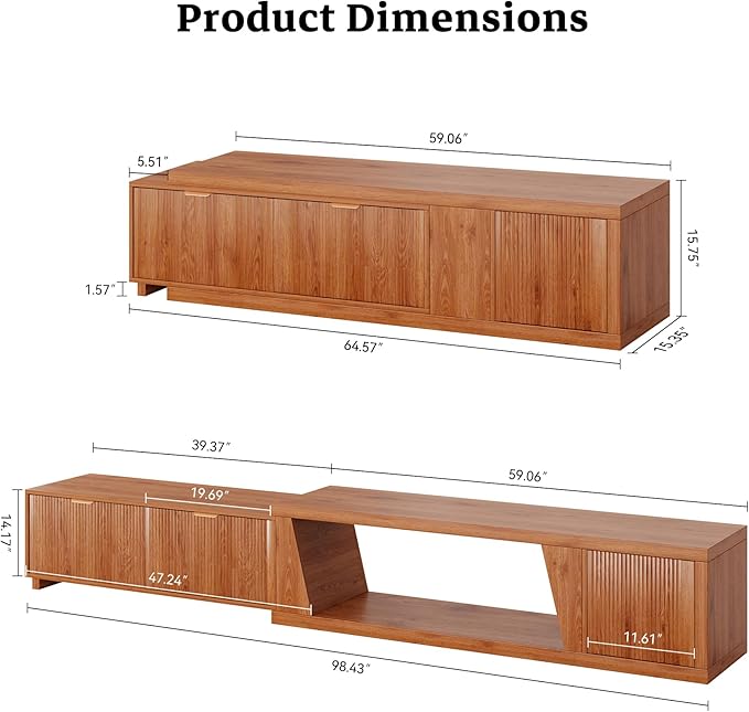 98 Inch TV Stands for Living Room, Wooden Extra Long TV Stand with Adjustable Shelf and Drawers, Flutted Extendable TV Console with Storage Cabinet, Warm Brown Oak (64.57" W-98.43" W)