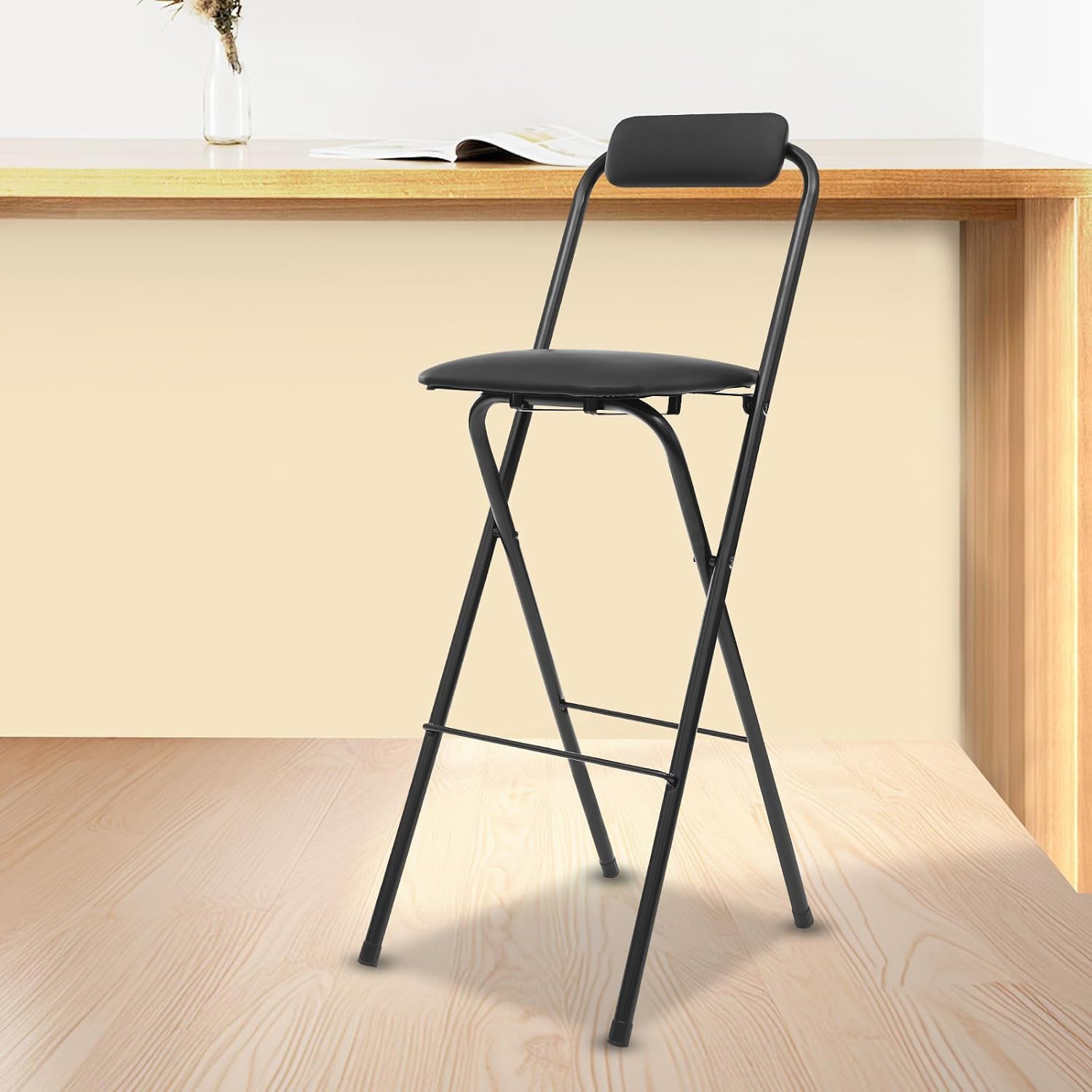 Folding Stool with footrest, Portable 30" Height Bar Chair for Padded, for Kitchen Island Shop Cafe Dining Room, 275lbs Capacity (Black)