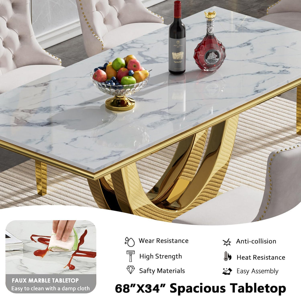 68" Marble Dining Table Set for 6, Luxury White Gold Kitchen Table with ...