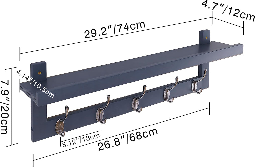 SMIBUY Coat Hooks with Shelf Wall-Mounted, 29.2 Inch Entryway Coat Rack for Wall, Bamboo Hanging Shelf with 5 Double Metal Hooks for Bathroom, Bedroom, Kitchen, Living Room, Mudroom (Grey)
