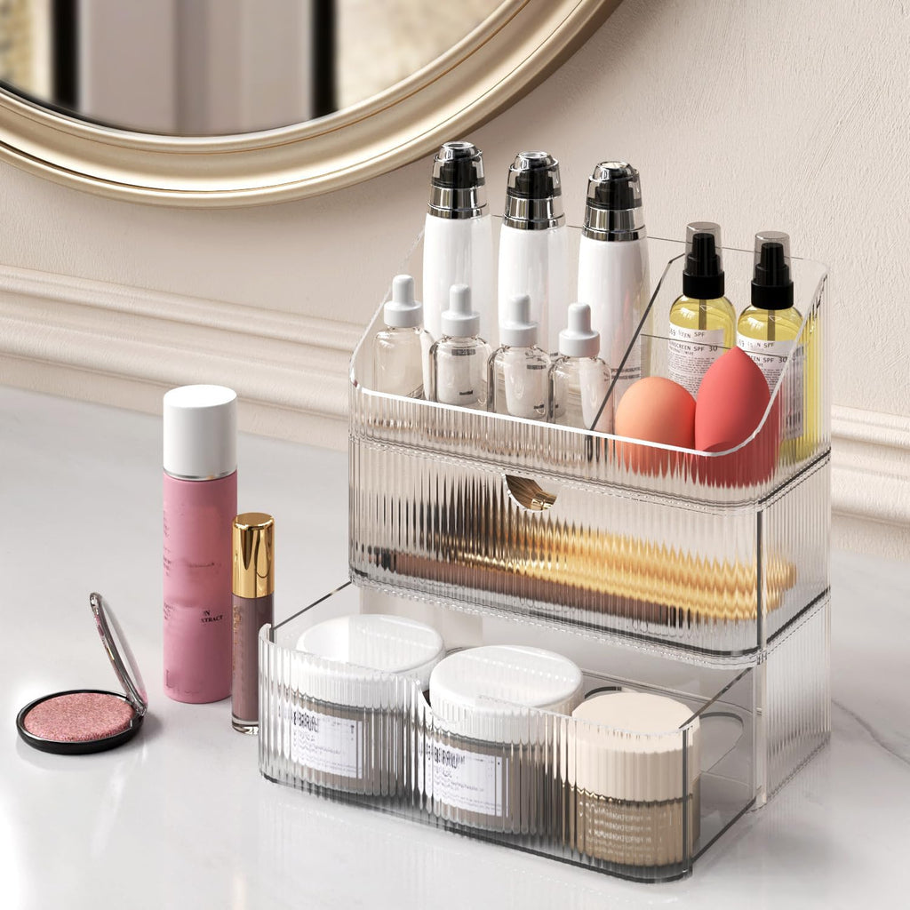 Medicine Cabinet Organizer 3 Tier, Stackable Bathroom Mirror Cabinet Storage，Small Makeup Organizers with 2 Drawer and 1 Tray for Wall Cabinet， Closet， Vanity, Countertop, Clear