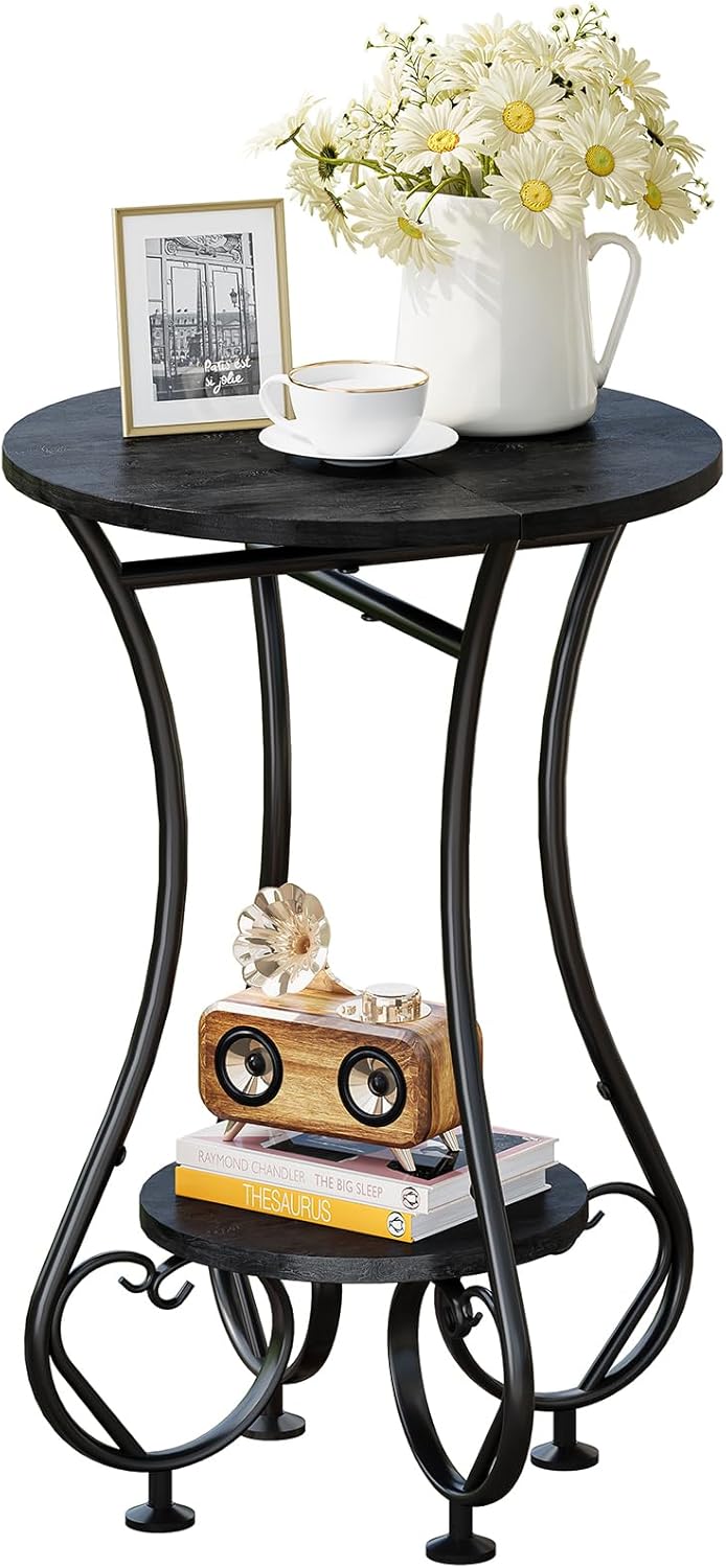 X-cosrack Small Round Side Table,Round End Table for Small Spaces - Black Met...