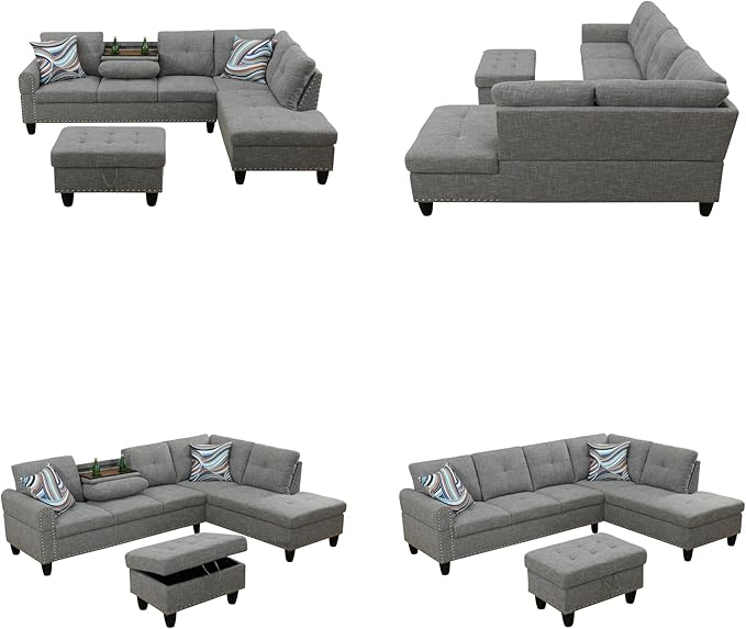 Sectional Couches for Living Room with Movable Chaise & Storage Ottoman - 97.5" Linen L Shaped Couches for Living Room Apartment, Home Modular Sectional Sofas with Cup Holder, Grey