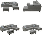Sectional Couches for Living Room with Movable Chaise & Storage Ottoman - 97.5" Linen L Shaped Couches for Living Room Apartment, Home Modular Sectional Sofas with Cup Holder, Grey