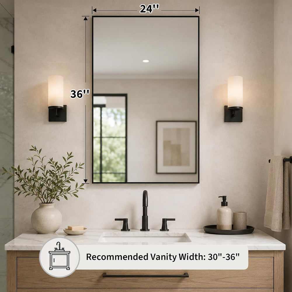 24x36 Inch Matte Black Rectangular Bathroom Vanity Mirror