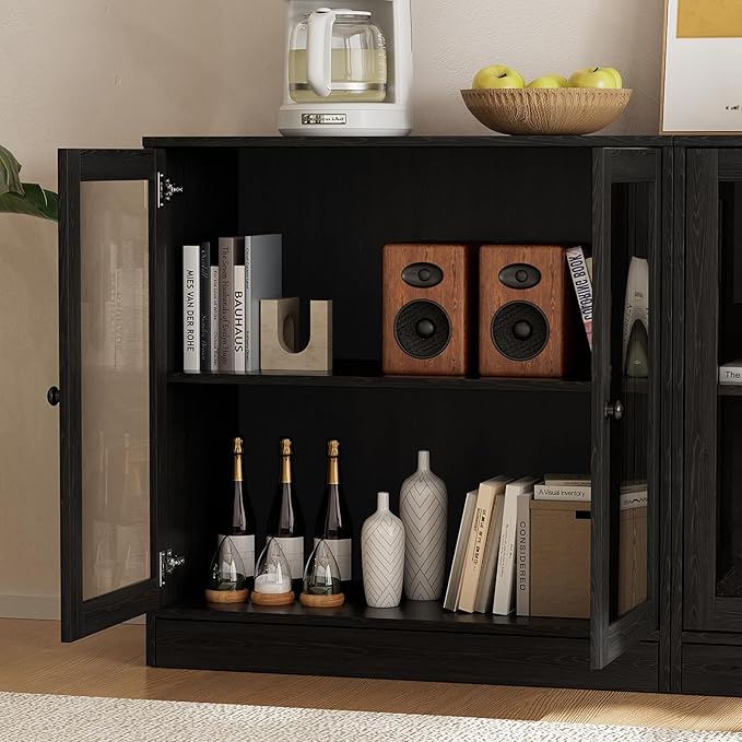 TUSY 71" TV Stand Storage Set - 2 Tall Bookcases & 2 Side Cabinets, Media Console with Glass & Wood Doors, Entertainment Center with Drawers, Tall Media Console for Living Room (Black, ADDA)