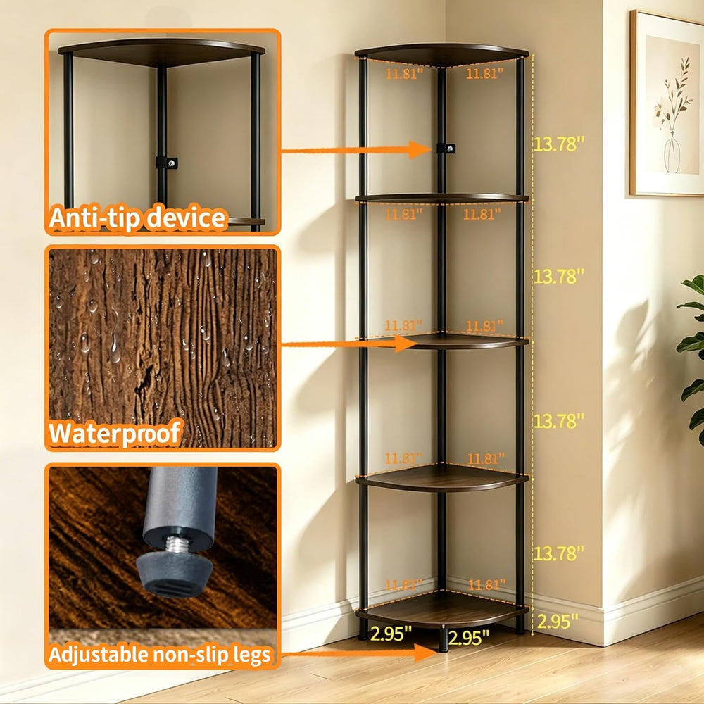 Corner Shelf Stand 5 Tier, Tall Slim Corner Bookshelf, Small Storage Display ...
