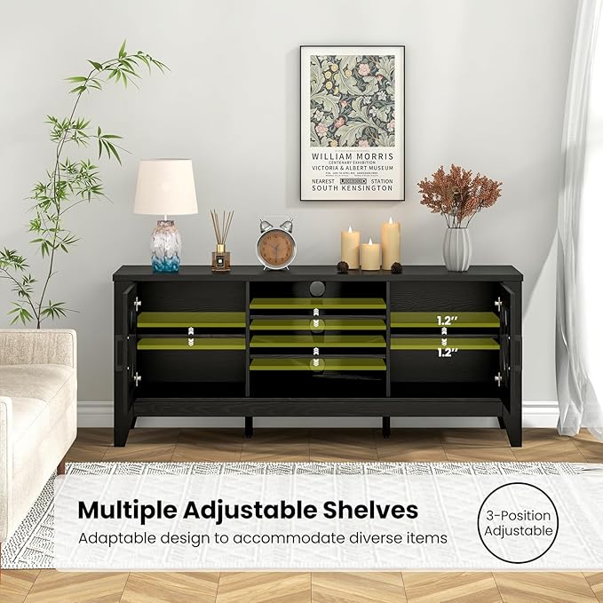 Giantex Farmhouse TV Stand for TVs up to 65", Entertainment Center with 4 Adjustable Storage Shelves & Tempered Glass Doors, Modern TV Console Table for Bedroom, Living Room
