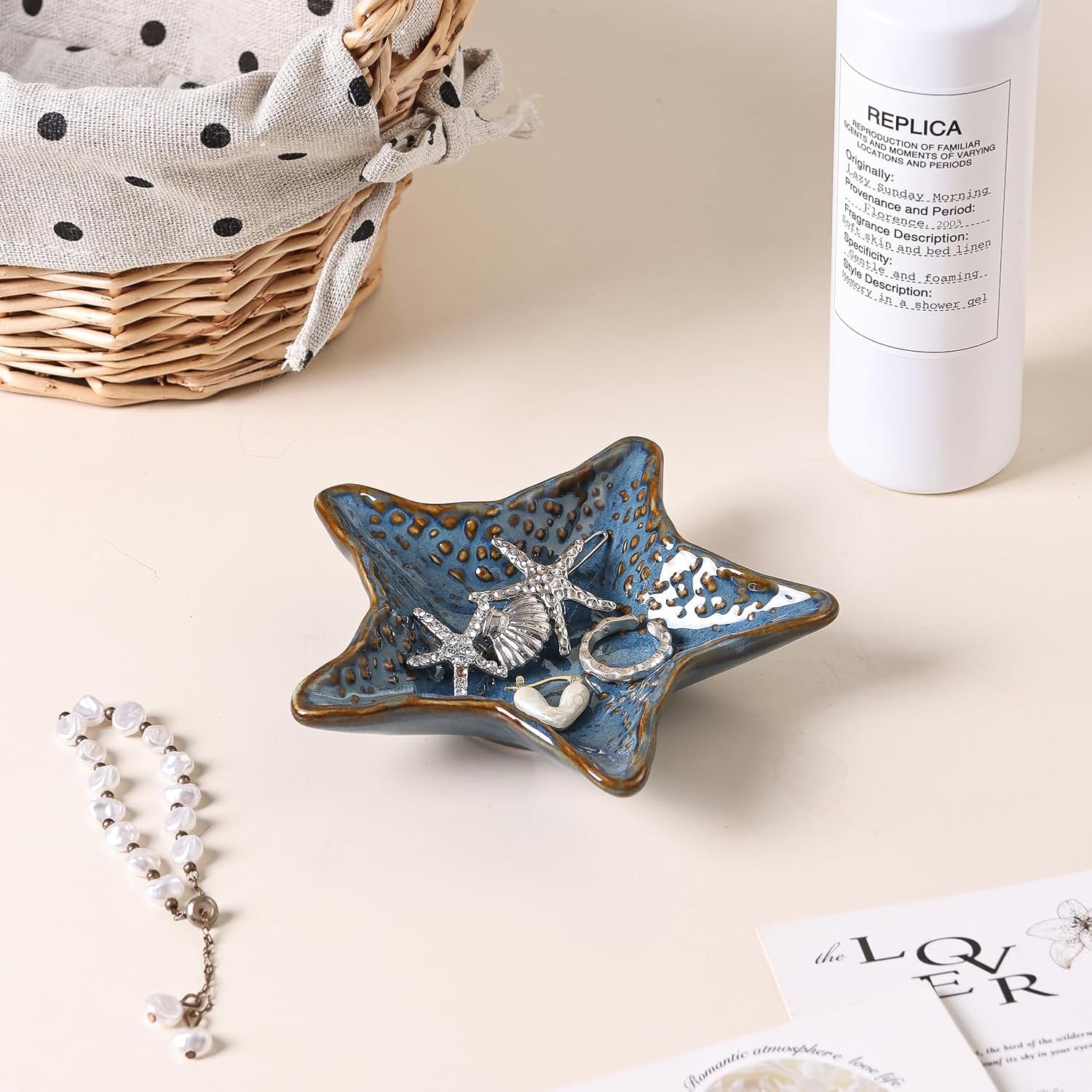 Jewelry Dish Decorative Ring Tray, Ceramic Small Cute Trinket Tray 4.92" | Starfish Shape Aesthetic Jewelry Plate Key Bowl Organizing Necklace Earrings, Home Decor Reactive Glaze Blue