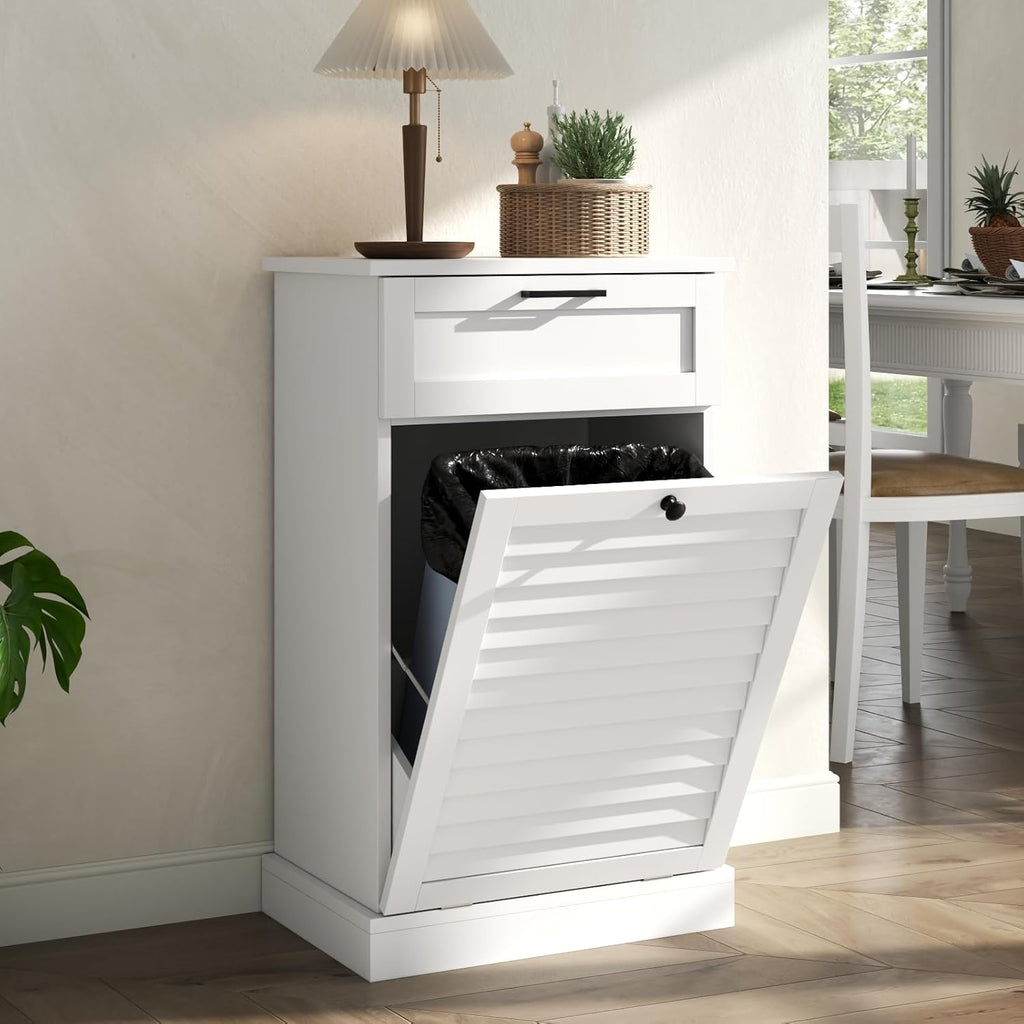 Upgraded Tilt Out Laundry Hamper Cabinet, 15 Gallon Trash Can Cabinet with Shutter Front & Drawer, Hidden Garbage Can Bin Cabinets with Laundry Storage Basket for Bathroom, Kitchen (White, Single)