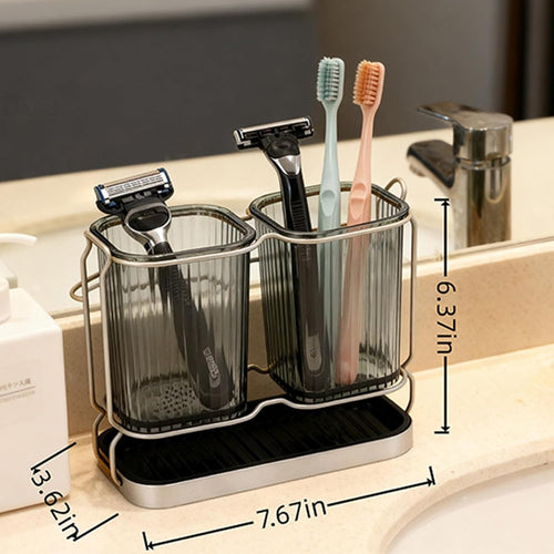 2-Pack Grey Toothbrush Holders, Wall Mounted or Countertop Toothbrush Holders with Drain Tray, All-in-One Bathroom Organizers and Storage for Toothpaste, Razors, Family & Kids (Grey)