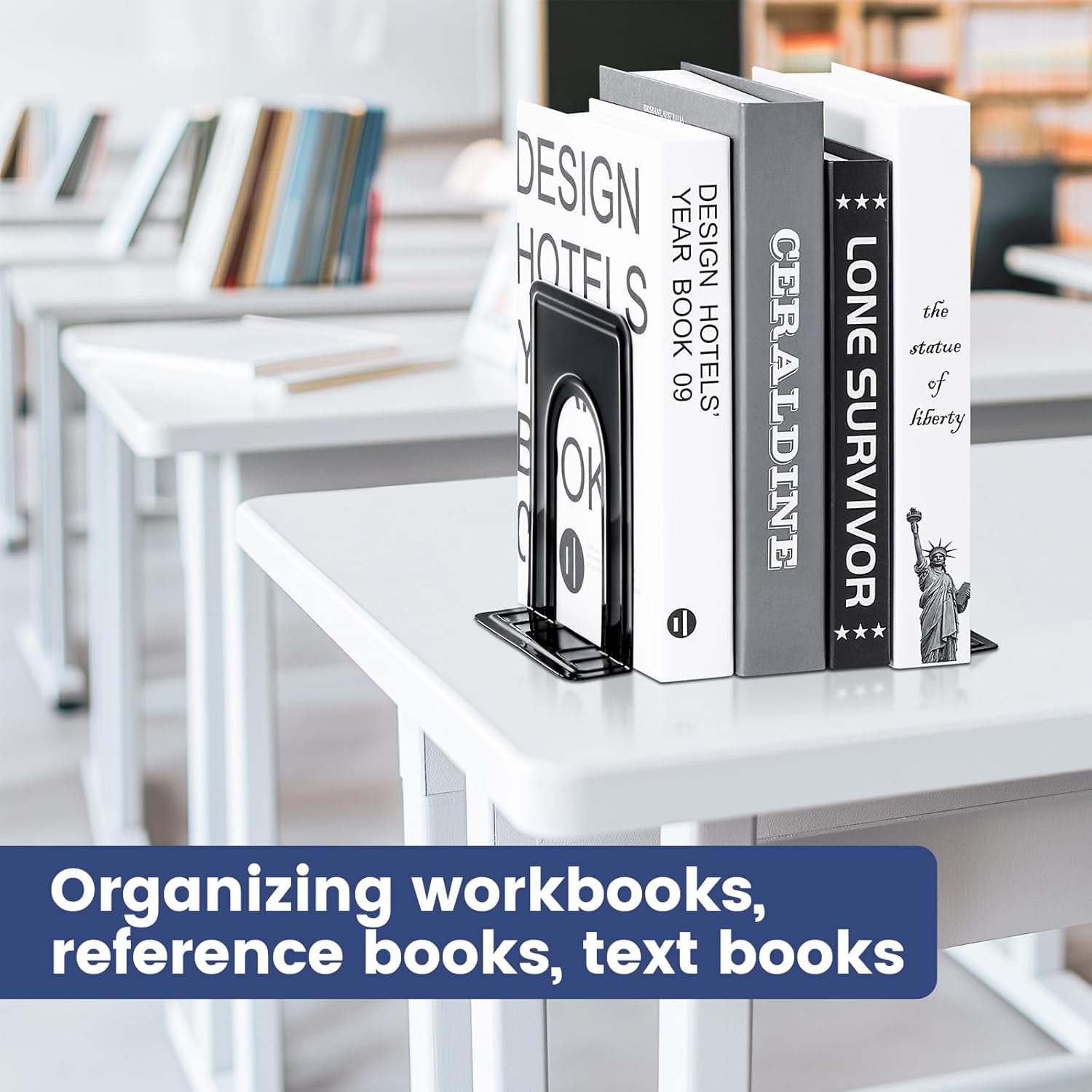 HappyHapi Book Ends, Non-Skid Metal Bookend Supports for Shelves, Heavy Duty Book End, Office Book Stopper, 6 x 5 x 6 Inches, 14 Pieces / 7 Pairs (Black)