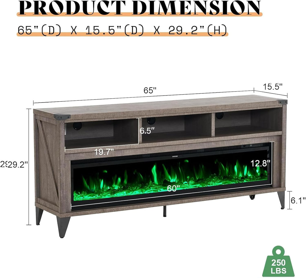 AMERLIFE 65" Fireplace TV Stand with 60" Glass Electric Fireplace, ...