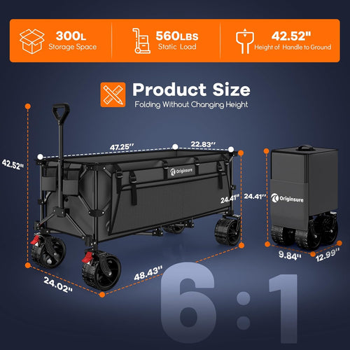 48" L Folding Beach Wagon Cart Foldable, 560lbs Weight Capacity 300L Heavy Duty Collapsible Wagons with Big All-Terrain Wheels, Utility Carts for Groceries, Shopping, Camping, Sports - Grey