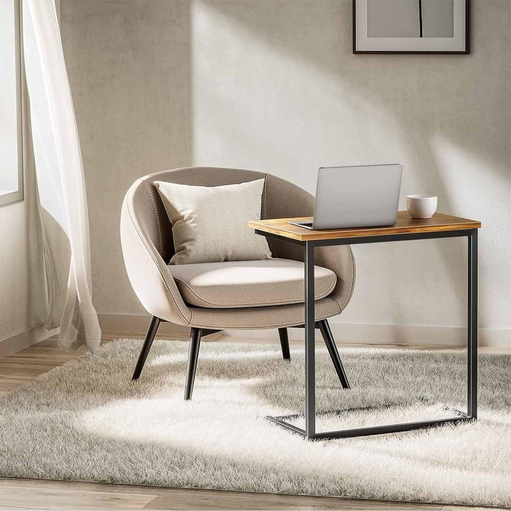 Side Table for Couch, C Shape End Table with Metal Frame, Adjustable Feet Hei...