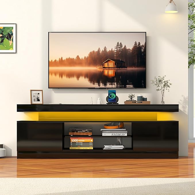 Verano Garden 63" LED TV Stand for 75 Inch TV, High Gloss Entertainment Center with 2 Storage Cabinets and Open Shelf, Modern TV Media Console with Power Outlet & Light for Living Room, Bedroom, Black